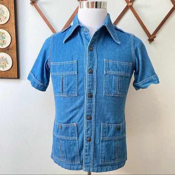 Vintage 1970s Red Snap Denim Utility Shirt - Picture 1 of 14